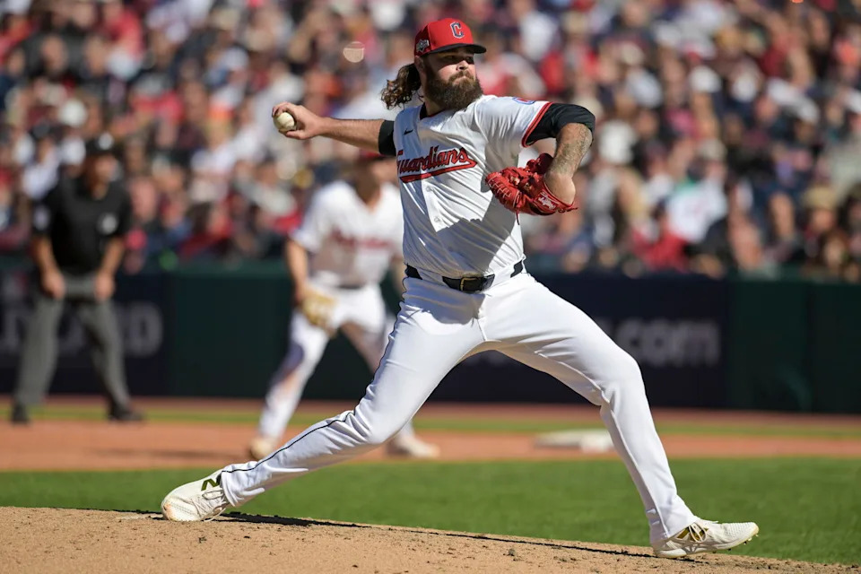 Oct 1, 2025; Cleveland, Ohio, USA; Cleveland Guardians pitcher Hunter Gaddis (33) delivers a pitch in the sixth inning during game two of the Wildcard round for the 2025 MLB playoffs against the Detroit Tigers at Progressive Field. Mandatory Credit: Ken Blaze-Imagn Images