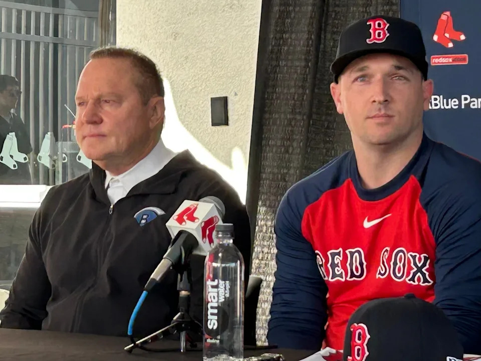 Agent Scott Boras (left) and Boston Red Sox third baseman Alex Bregman (right) on Sunday, Feb. 16, 2025, in Fort Myers, Florida, after Bregman signed a three-year, $120 million contract with the Red Sox in free agency.