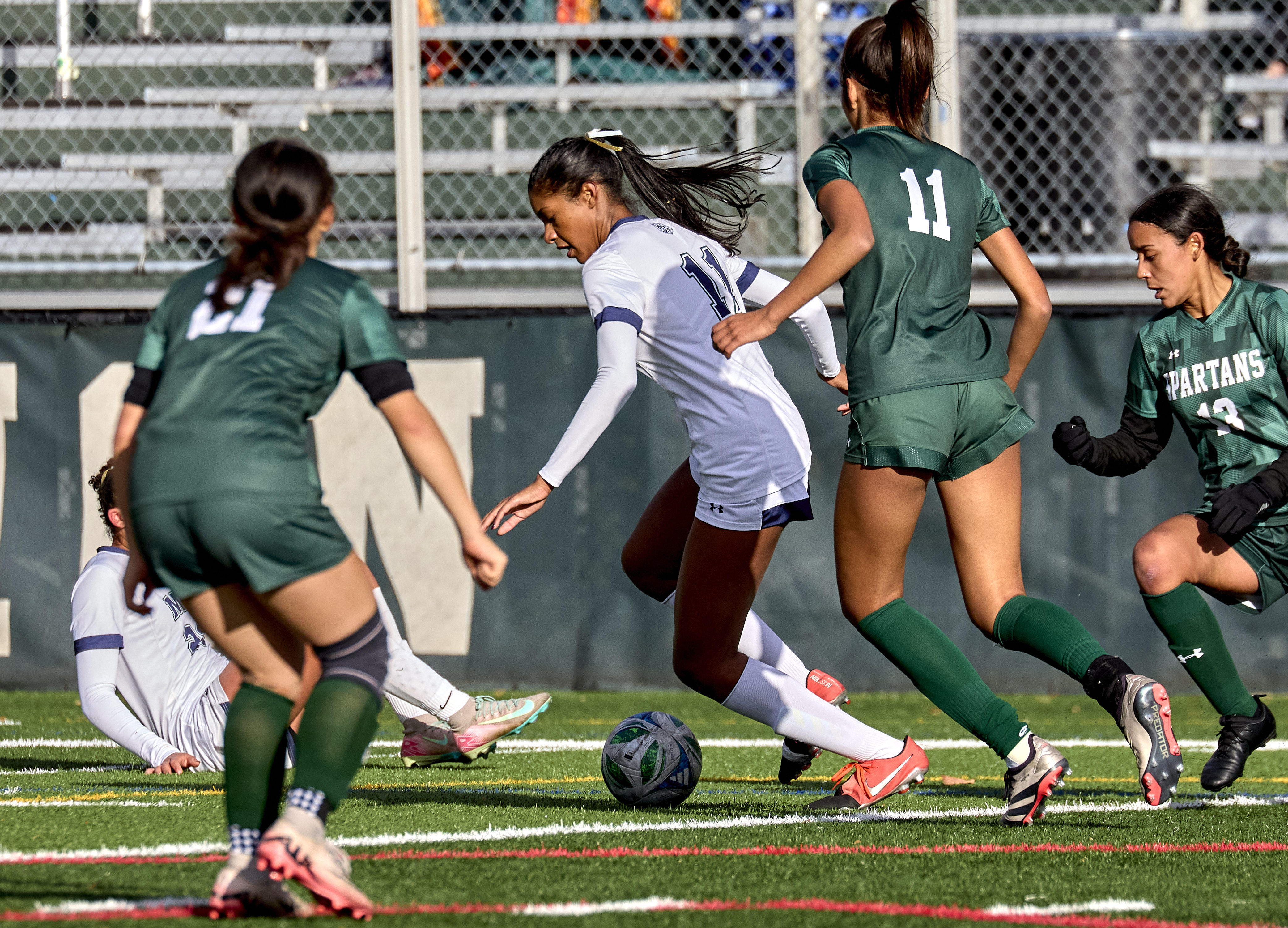 Nahlia Udofia (11) of Montclair Kimberley controls the ball against DePaul Catholic during the Girls North, NPB Final at DePaul Catholic High School in Wayne on Thursday, November 13, 2025.  