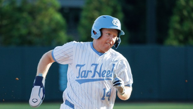 North Carolina's Parks Harber (14) runs the bases during an NCAA regional baseball game on Friday, May 31, 2024, in Chapel Hill, N.C. (AP Photo/Ben McKeown)