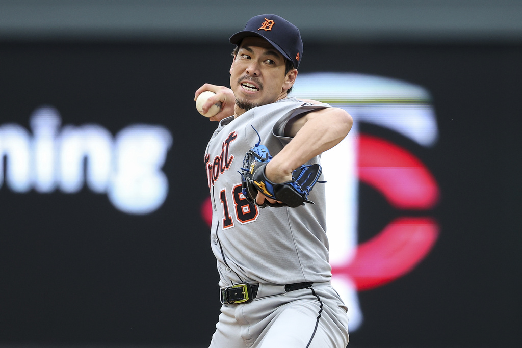 Title: Tigers Twins Baseball Image ID: 25103746859984 Article: Detroit Tigers relief pitcher Kenta Maeda (18) delivers against the Minnesota Twins during the eighth inning of a baseball game Sunday, April 13, 2025, in Minneapolis. (AP Photo/Matt Krohn)