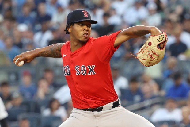 Boston Red Sox pitcher Brayan Bello throws during the first inning of a baseball game against the New York Yankees Friday, Aug. 22, 2025, in New York. (AP Photo/Pamela Smith)