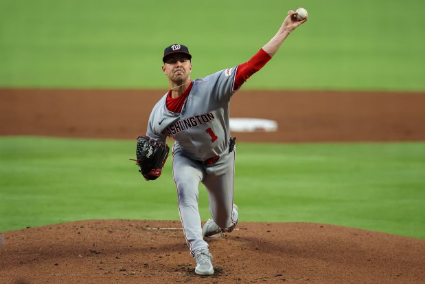 Washington Nationals pitcher MacKenzie Gore (1) delivers in the first inning of a baseball game against the Atlanta Braves, Monday, Sept. 22, 2025, in Atlanta. (AP Photo/Colin Hubbard)