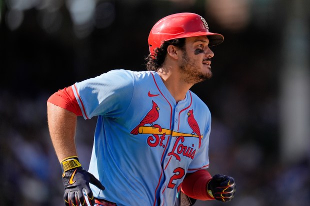 St. Louis Cardinals' Nolan Arenado runs the bases after hitting a home run during the fourth inning of a baseball game against the Chicago Cubs, Saturday, Sept. 27, 2025, in Chicago. (AP Photo/Erin Hooley)