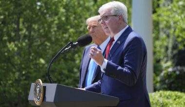 Lt. Gov. of Texas Dan Patrick speaks as President Donald Trump listens during a National Day of Prayer event in the Rose Garden of the White House, Thursday, May 1, 2025, in Washington. (AP Photo/Evan Vucci)