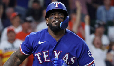 Adolis Garcia in a Rangers uniform