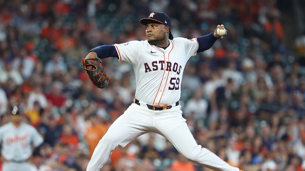 Houston Astros pitcher Framber Valdez (59) throws a pitch in the first inning against the Detroit Tigers in game one of the Wild Card round for the 2024 MLB Playoffs at Minute Maid Park.