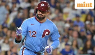 Philadelphia Phillies designated hitter Kyle Schwarber (12) looks into the dugout after hitting a solo home run during the fourth inning against the Los Angeles Dodgers in game three of the NLDS during the 2025 MLB playoffs at Dodger Stadium. (file photo)