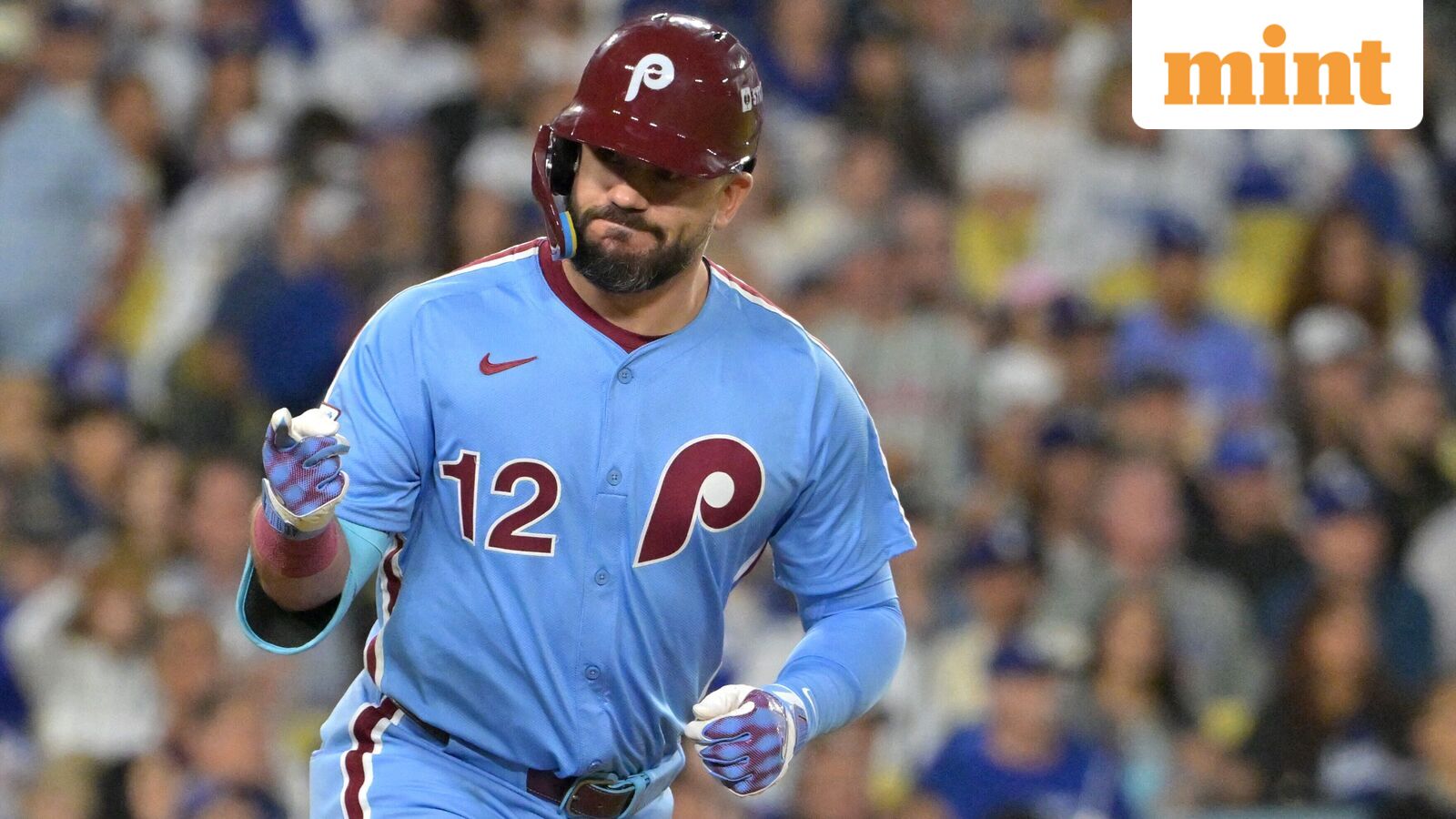 Philadelphia Phillies designated hitter Kyle Schwarber (12) looks into the dugout after hitting a solo home run during the fourth inning against the Los Angeles Dodgers in game three of the NLDS during the 2025 MLB playoffs at Dodger Stadium. (file photo)
