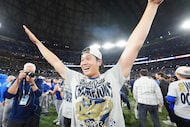 Los Angeles Dodgers' Shohei Ohtani celebrates after the Dodgers defeated the Toronto Blue...