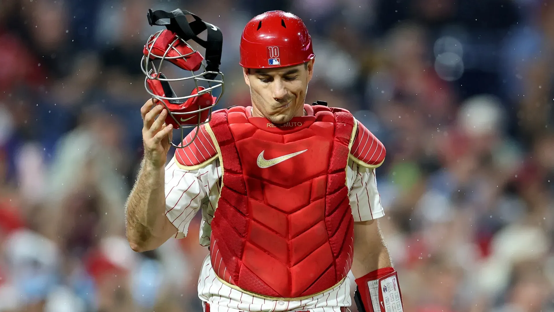 J.T. Realmuto #10 of the Phillies reacts to a run by the Twins. Emilee Chinn/Getty Images