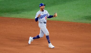 Mookie Betts #50 of the Los Angeles Dodgers celebrates after turning a double play to defeat the Toronto Blue Jays 5-4 in Game 7 of the 2025 World Series at Rogers Centre on November 02 in Toronto, Ontario.