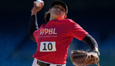 Kelsie Whitmore, the No. 1 overall pick in the WPBL draft, pitches during tryouts for the Women’s Professional Baseball League in August.