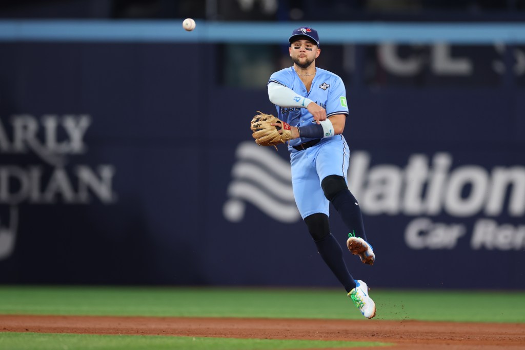 Bo Bichette records an out during the sixth inning of the Blue Jays' Game 6 loss to the Dodgers.