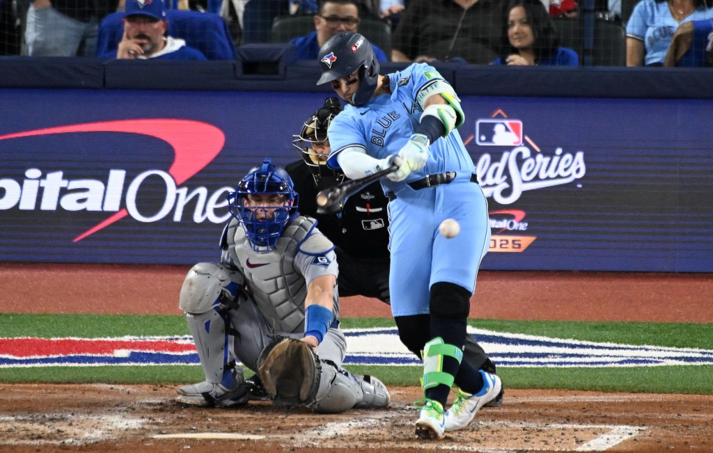 Bo Bichette rips an RBI single during the fourth inning of the Blue Jays' 3-1 loss to the Dodgers in Game 6 of the World Series on Oct. 31, 2025.
