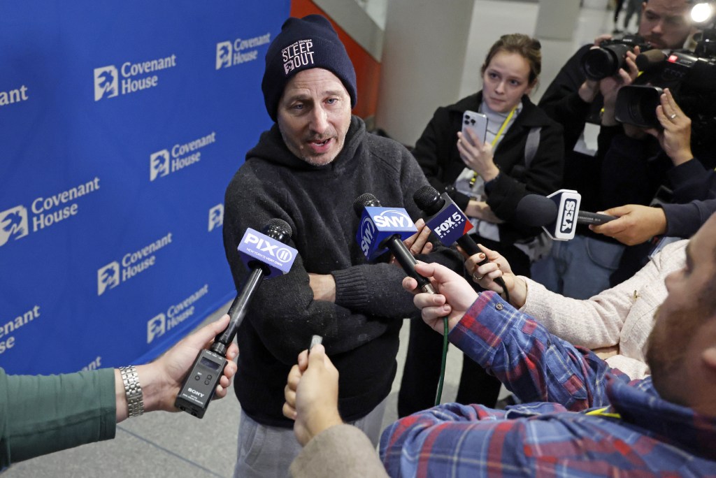 Yankees general manager Brian Cashman talks to the media during the Covenant House Sleep Out event at the Jacob Javits Center in New York on Nov. 20, 2025.