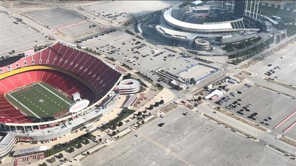 KANSAS CITY, Mo. -- Aerial picture shows GEHA Field at Arrowhead Stadium and Kauffman Stadium...