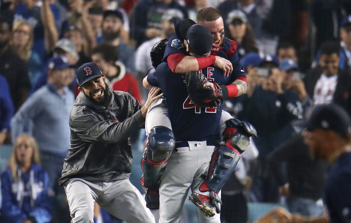 David Price (left) pitched seven innings in Game 5 to help the Red Sox win the 2018 World Series.