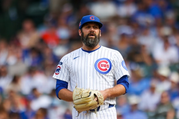 Chicago Cubs pitcher Andrew Kittredge (59) takes a breath before throwing a pitch during the ninth inning against the Pittsburgh Pirates at Wrigley Field on Sunday, Aug. 17, 2025. (Eileen T. Meslar/Chicago Tribune)