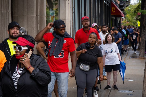 A crowd waits in line for free hot dogs at...