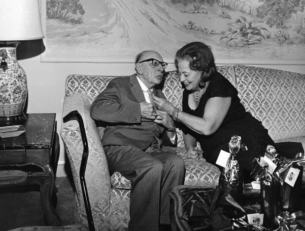 Mr. and Mrs. Igor Stravinsky in a suite on Dec. 28, 1966, at the Drake Hotel, Chicago. Always attentive and understanding, Vera Stravinsky adjusts the renowned composer-conductor's tie. (Larry Stoddard/AP)