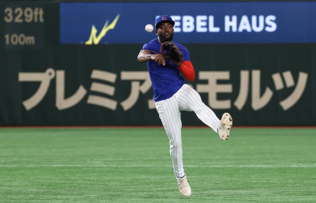 Cubs infielder Vidal Bruján work outs with teammates in preparation...