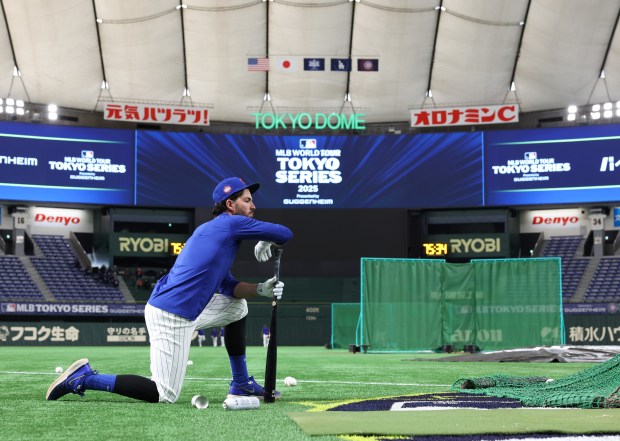 Cubs infielder Dansby Swanson waits his turn for batting practice...