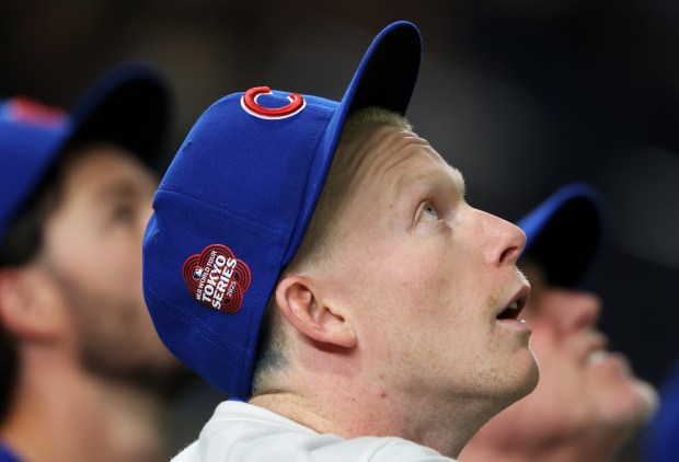 Cubs outfielder Pete Crow-Armstrong watches batting practice during a team...