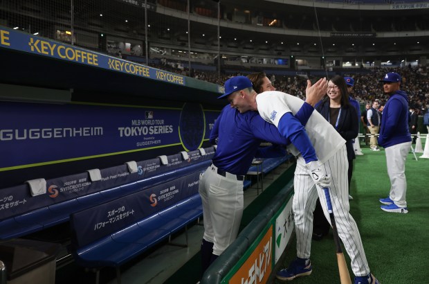 Dodgers pitcher Tyler Glasnow, left, and Cubs outfielder Pete Crow-Armstrong...