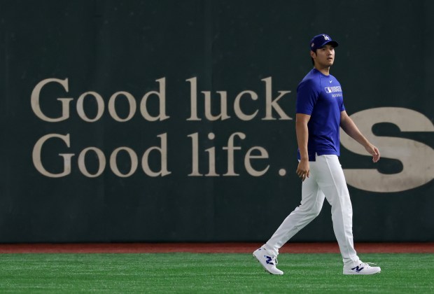 Dodgers two-way player Shohei Ohtani works out with teammates in...