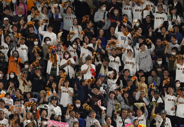 Yomiuri Giants fans cheer two runs score in the fifth...