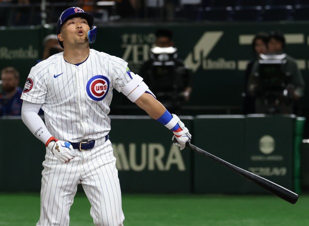 Cubs designated hitter Seiya Suzuki strikes out swinging to end...