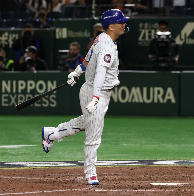 Cubs designated hitter Seiya Suzuki strikes out swinging to end...