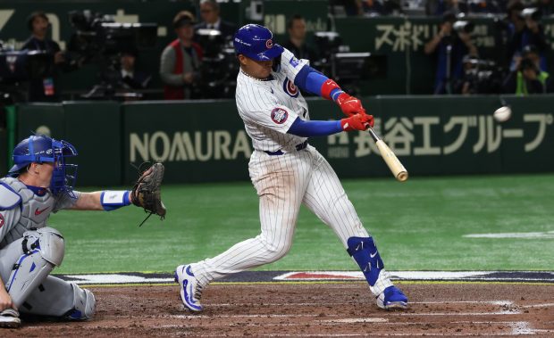 Cubs catcher Miguel Amaya connects for an RBI double against...