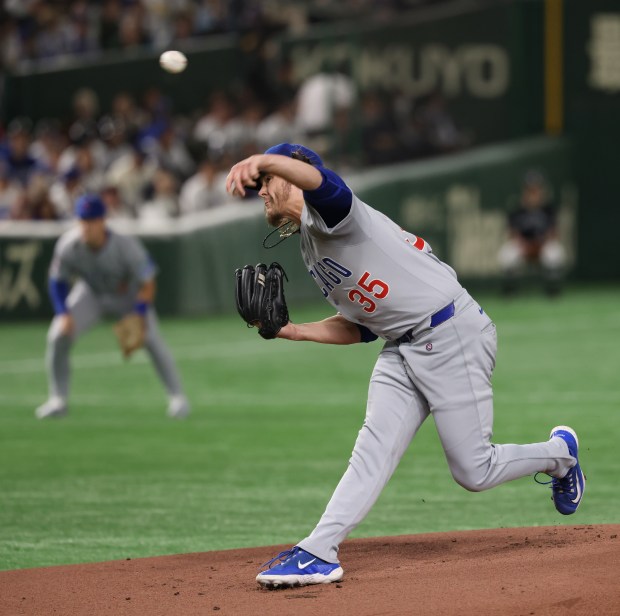 Cubs starting pitcher Justin Steele throws against the Dodgers in...