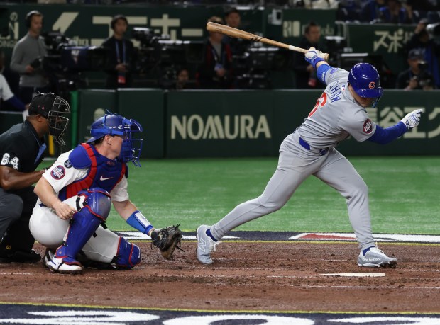 Cubs third baseman Matt Shaw (6) strikes out swinging with...