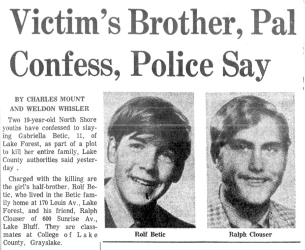 College of Lake County classmates Rolf Betic and Ralph Clouser originally planned to kill Betic's family members so they could live together at the family's Lake Forest home. Instead, Clouser strangled Betic's 11-year-old half-sister Gabriella on Nov. 7, 1971. (Chicago Tribune)