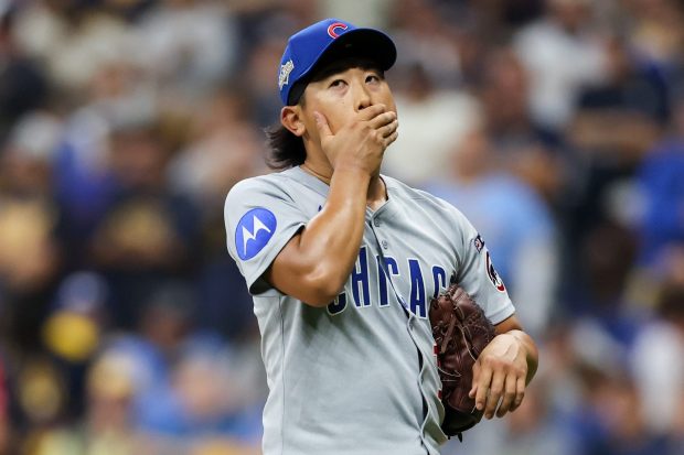 Cubs pitcher Shota Imanaga walks to the dugout after being taken out during the third inning against the Brewers in Game 2 of the NL Division Series on Oct. 6, 2025, in Milwaukee. (Armando L. Sanchez/Chicago Tribune)