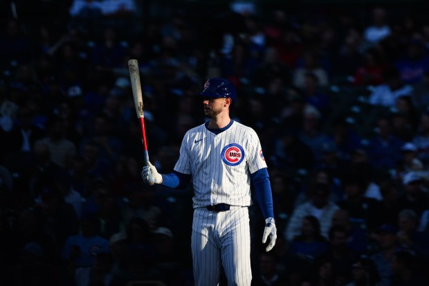 Chicago Cubs outfielder Kyle Tucker (30) waits to hit during the first inning against the Miami Marlins at Wrigley Field Tuesday May 13, 2025, in Chicago. (Armando L. Sanchez/Chicago Tribune)