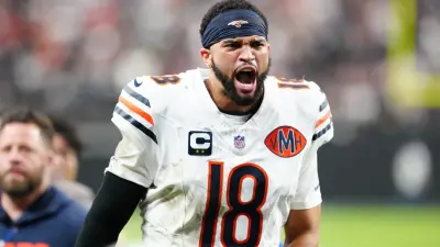 Sep 28, 2025; Paradise, Nevada, USA; Chicago Bears quarterback Caleb Williams (18) celebrates after the game against the Las Vegas Raiders at Allegiant Stadium.