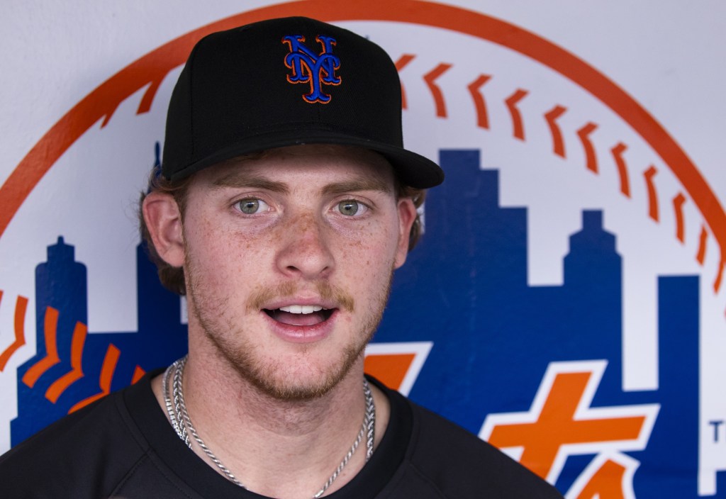 Mets outfield prospect Carson Benge talks with the media this past season.