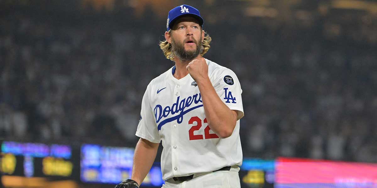 USA; Los Angeles Dodgers pitcher Clayton Kershaw (22) reacts in the twelfth inning against the Toronto Blue Jays during game three of the 2025 MLB World Series at Dodger Stadium.