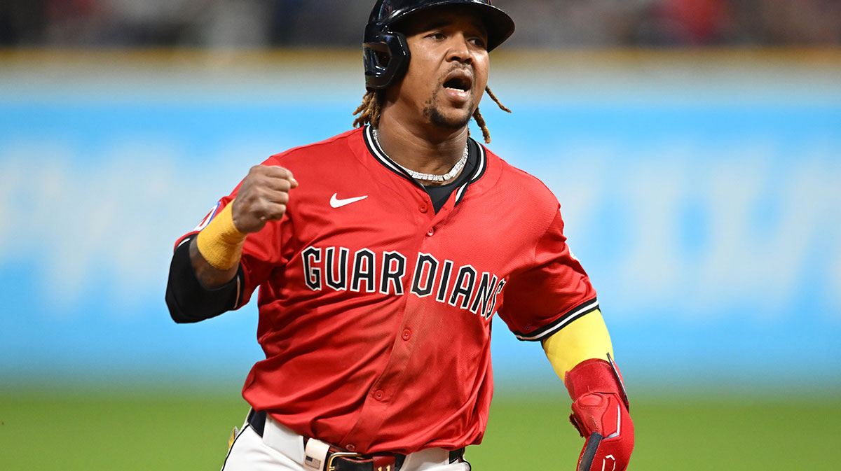 Cleveland Guardians third baseman Jose Ramirez (11) reacts while rounding the bases on a home run hit by first baseman Kyle Manzardo (9) against the Seattle Mariners during the sixth inning at Progressive Field.
