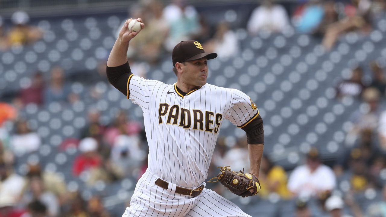 San Diego Padres' Craig Stammen delivers a pitch against the San Francisco Giants in the first inning of a baseball game on Oct. 5, 2022, in San Diego. (AP Photo/Derrick Tuskan)