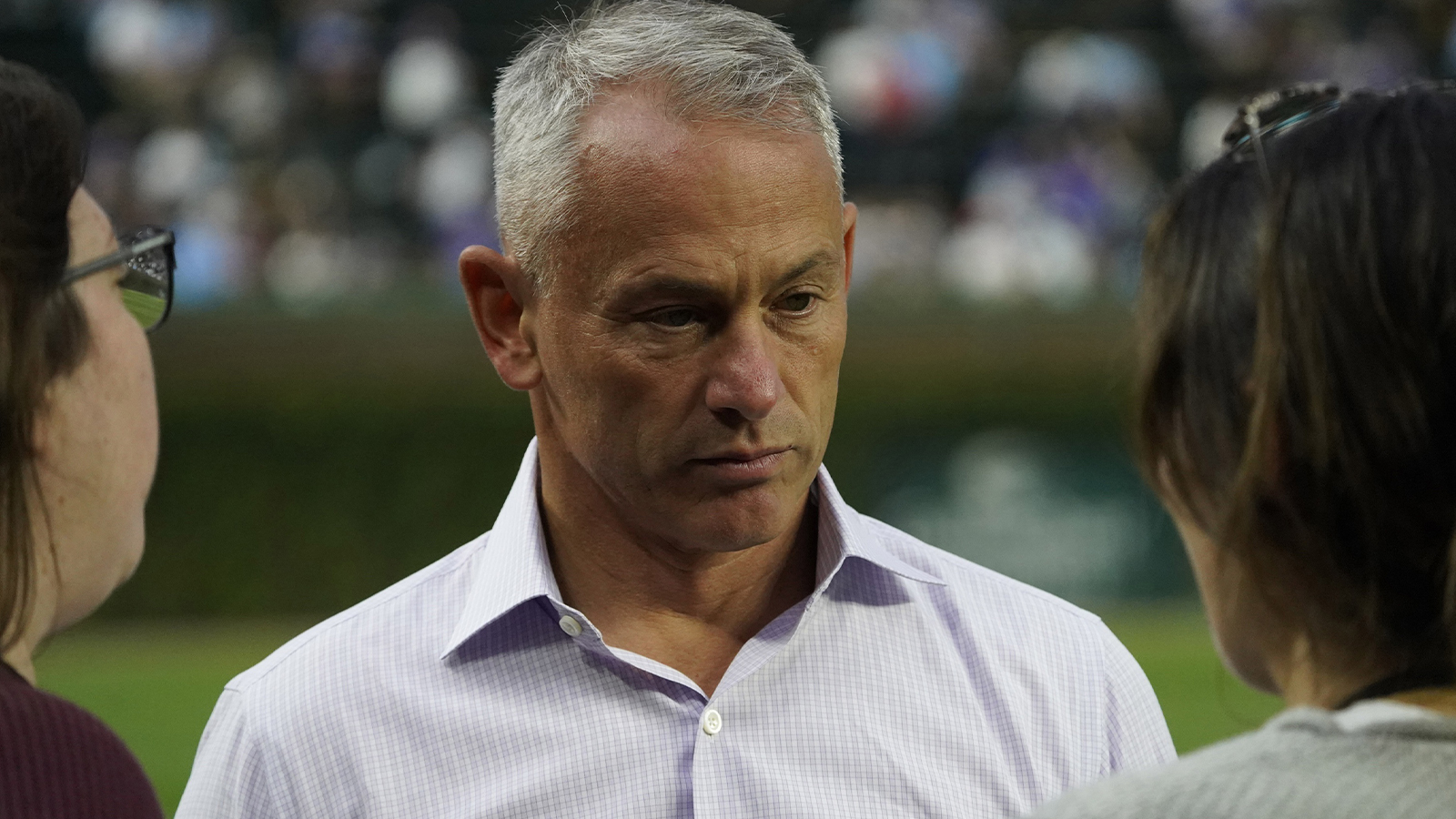 Chicago Cubs president Jed Hoyer talks to the press before a game against the New York Mets at Wrigley Field. 