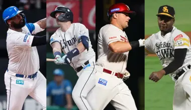From left: Hokkaido Nippon-Ham Fighters player Reyes, Saitama Seibu Lions player Nevin, Tohoku Rakuten Golden Eagles Voit, and Fukuoka Softbank Hawks pitcher Moinelo. [Photo: Courtesy of the team]