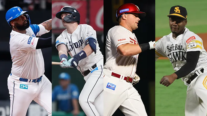 From left: Hokkaido Nippon-Ham Fighters player Reyes, Saitama Seibu Lions player Nevin, Tohoku Rakuten Golden Eagles Voit, and Fukuoka Softbank Hawks pitcher Moinelo. [Photo: Courtesy of the team]