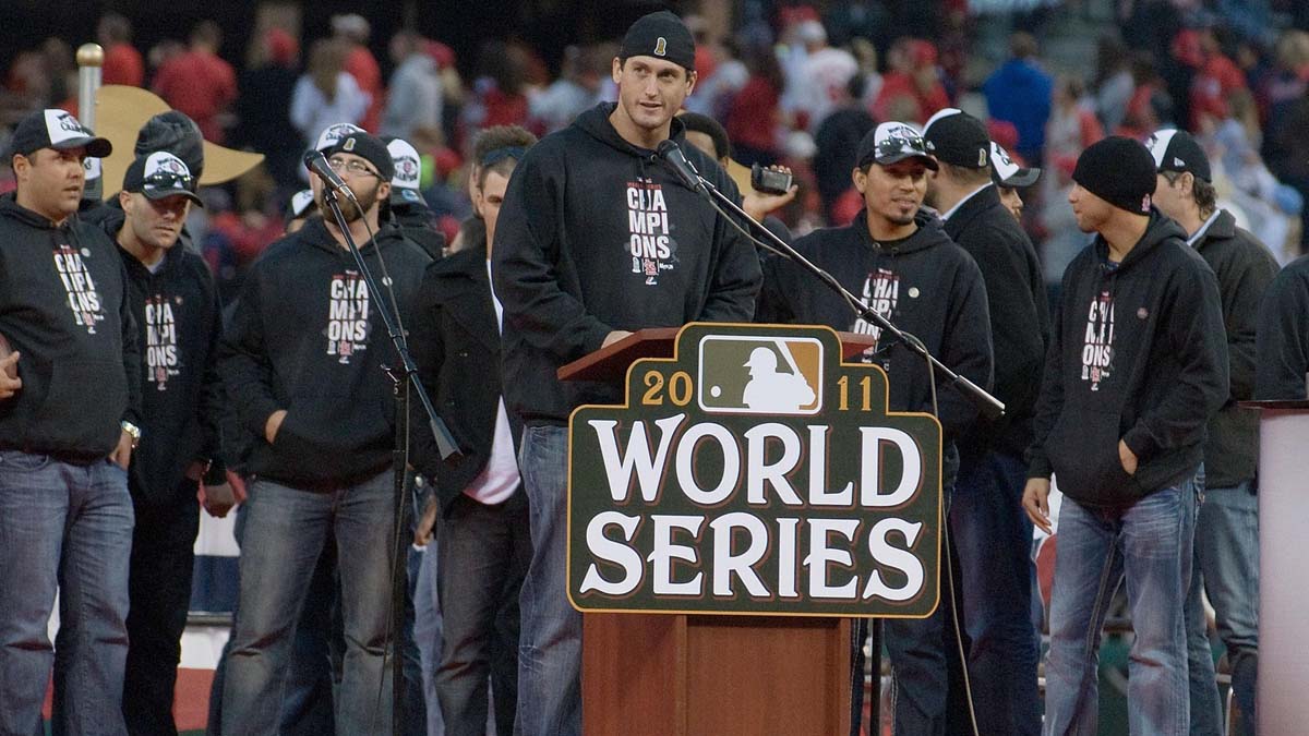 St. Louis Cardinals third baseman David Freese talks to fans during the World Series victory celebration and parade at Busch Stadium. The Cardinals beat the Texas Rangers four games to three. 