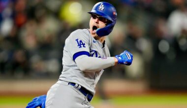 Los Angeles Dodgers' Enrique Hernández celebrates his two-run home run against the New York Mets during the sixth inning in Game 3 of a baseball NL Championship Series, Wednesday, Oct. 16, 2024, in New York. (AP Photo/Ashley Landis)