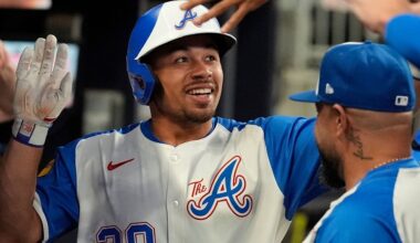 Atlanta Braves' Drake Baldwin (30) celebrates Marcell Ozuna (20) in the second inning of a baseball game against the Pittsburgh Pirates, Saturday, Sept. 27, 2025, in Atlanta. (AP Photo/Mike Stewart)